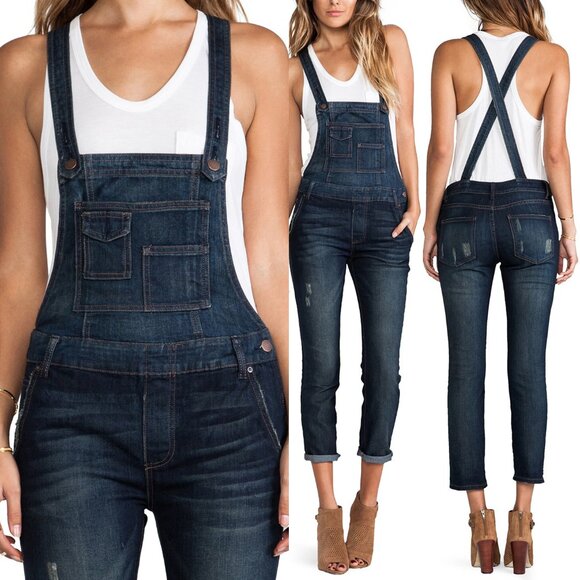 Free People Denim Overall 28 Brandy Wash Distressed Dark Blue Stretch Comfy $148 - Picture 1 of 16